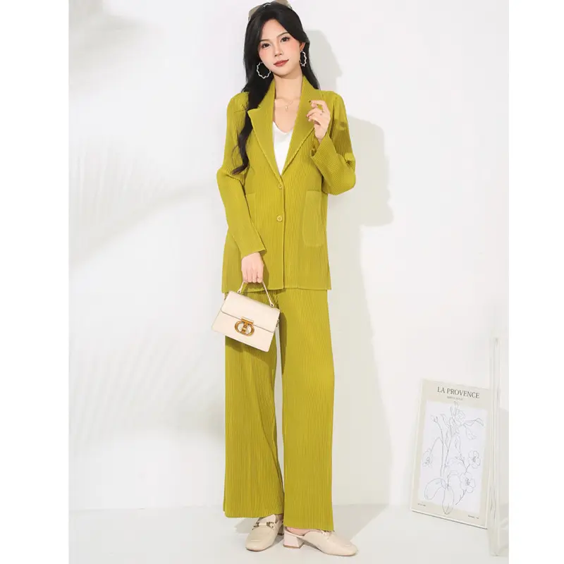 LANMREM Pleated Women's Fashionable High-End Two-Piece Set Elegant Long Sleeve Blazer And Versatile Straight-Leg Pants 2DB4148