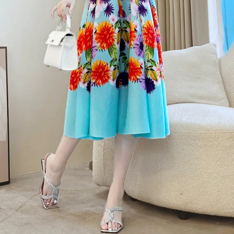 LANMREM Summer Short Sleeve Pelated Printting Women's Dress Elastic Casual Round Collar A Line Ball Gown Dresses Chic 2DB3898