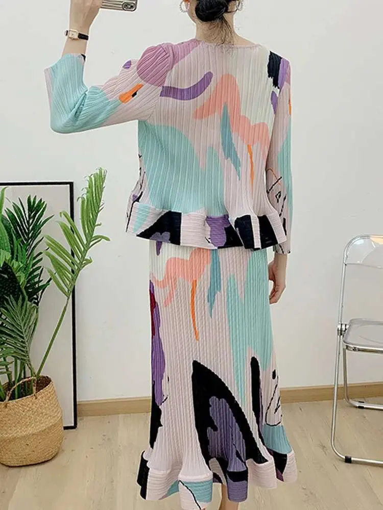 LANMREM Fashion Pleated Printing Sets Women Long Sleeves Tops High Waist Trumpet Skirt Elegant 2025 Spring New Clothing 2AA2563