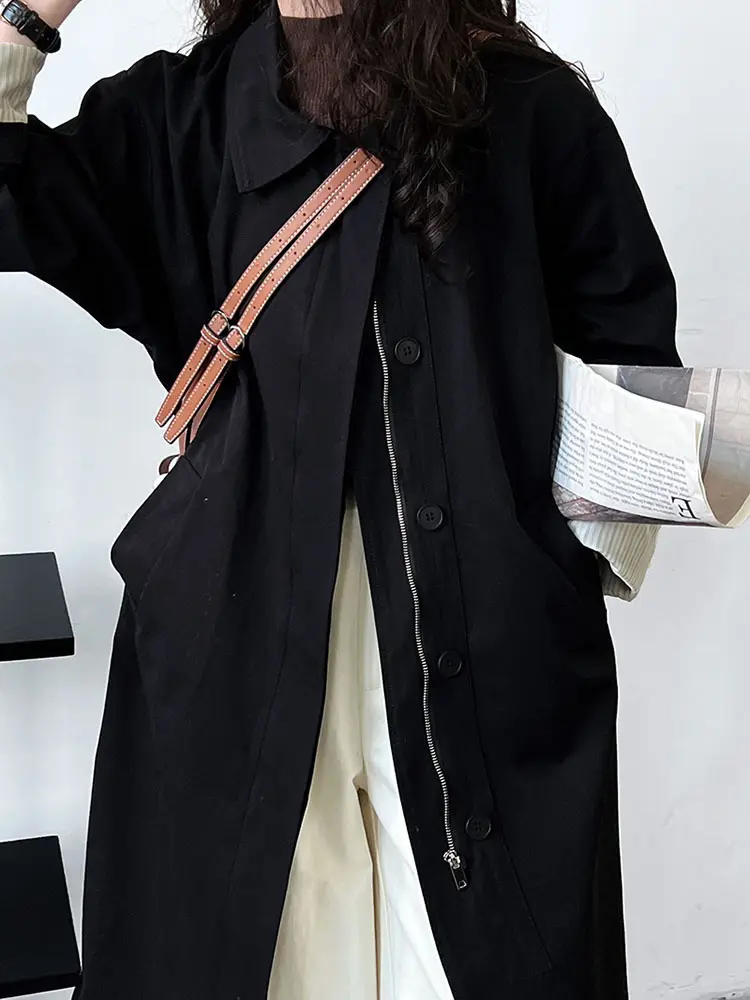 LANMREM Casual Trench For Women Lapel Single Breatsed Cuff Striped Patchwork Mid Length Coat 2024 New Clothing 2Z2223