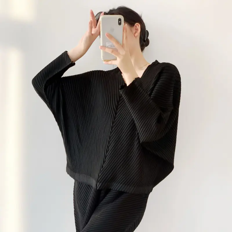 LANMREM High Quality Pleated Women's Two Pieces Set V Collar Bawting Long Sleeve Pullover Top And Elastic Waist Pants 2DB4195