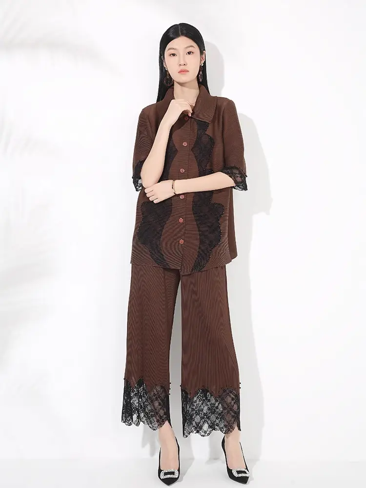LANMREM Chic Splicing Pleated Women's Two Pieces Set Temperament Laple Single Breasted Half Sleeve Shirt And Straight Leg Pants
