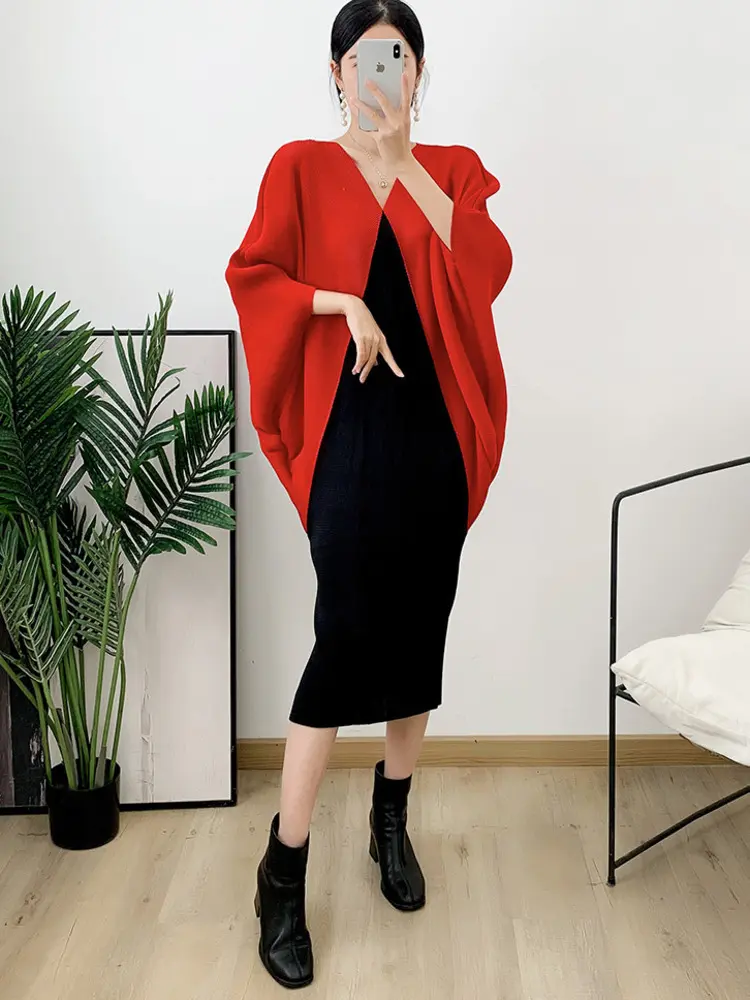 LANMREM Stitching Contrast Color Pleated Dress V Neck Batwing Sleeve Elegant Dresses For Women 2025 New Spring Clothing 2Q1196