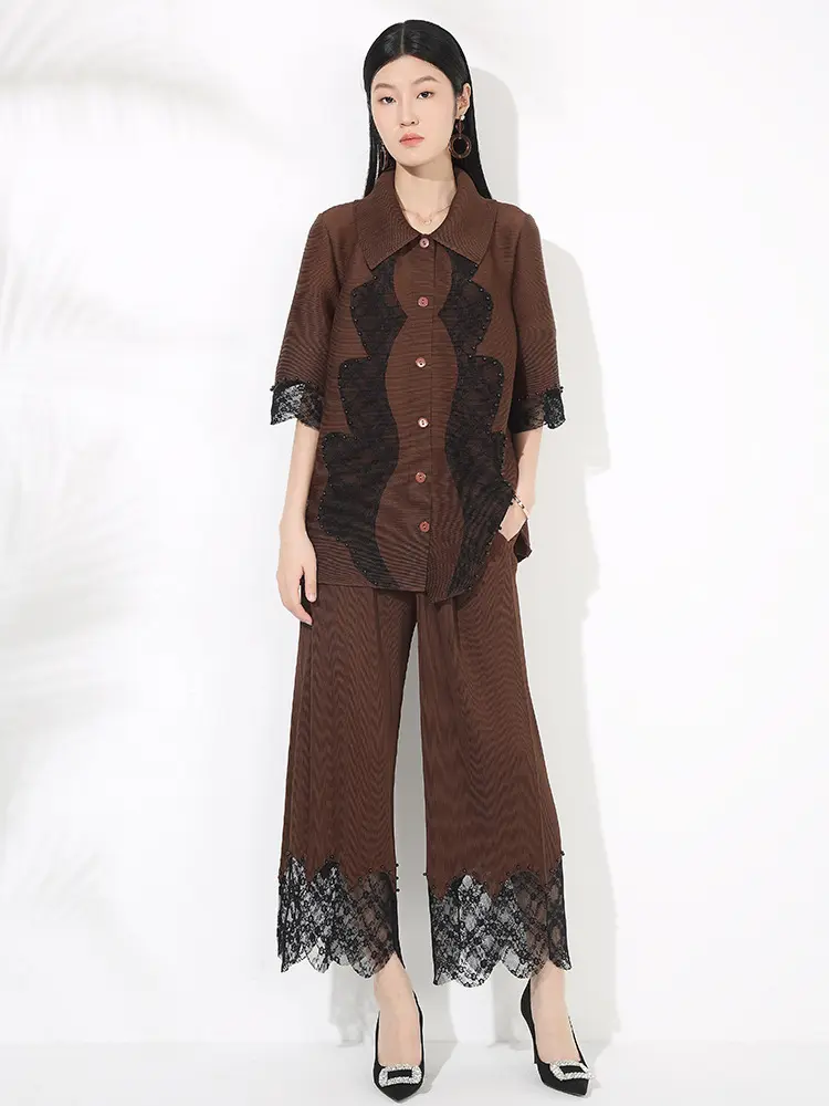 LANMREM Chic Splicing Pleated Women's Two Pieces Set Temperament Laple Single Breasted Half Sleeve Shirt And Straight Leg Pants
