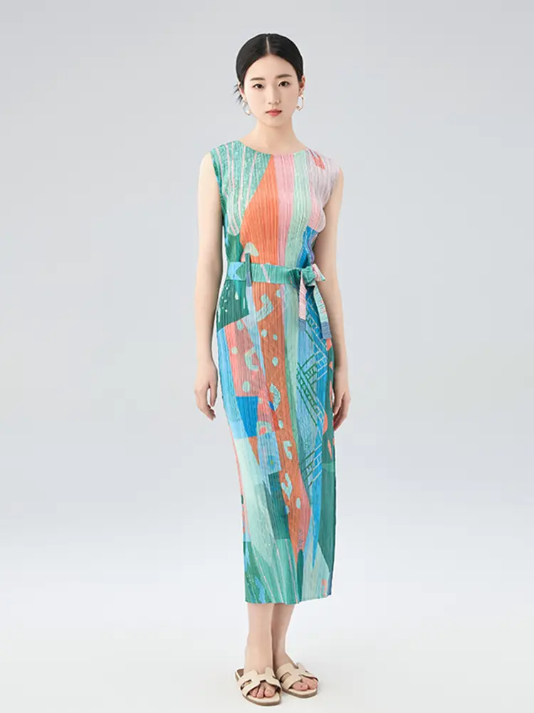 LANMREM Summer Sleeveless Printting Pleated Dress For Women 2025 New Loose Causal Straight Dresses With Belt Chic Cloth 2DB2851