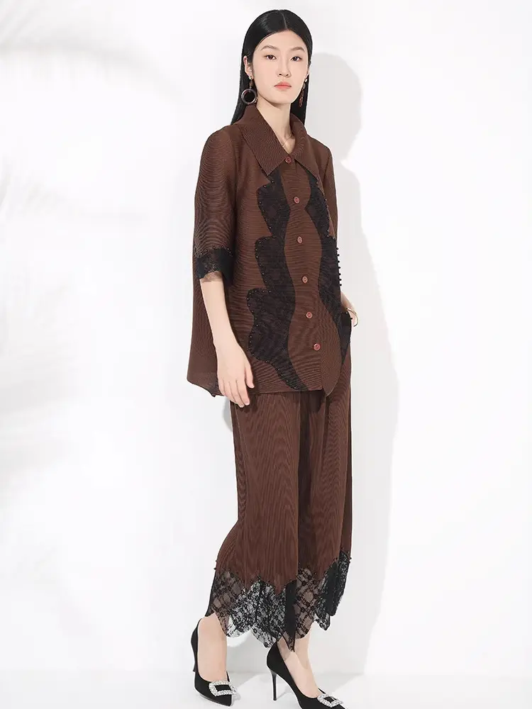 LANMREM Chic Splicing Pleated Women's Two Pieces Set Temperament Laple Single Breasted Half Sleeve Shirt And Straight Leg Pants