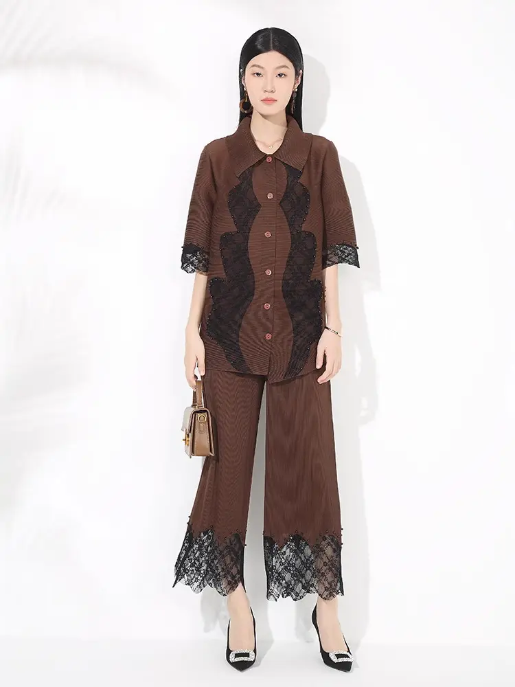 LANMREM Chic Splicing Pleated Women's Two Pieces Set Temperament Laple Single Breasted Half Sleeve Shirt And Straight Leg Pants