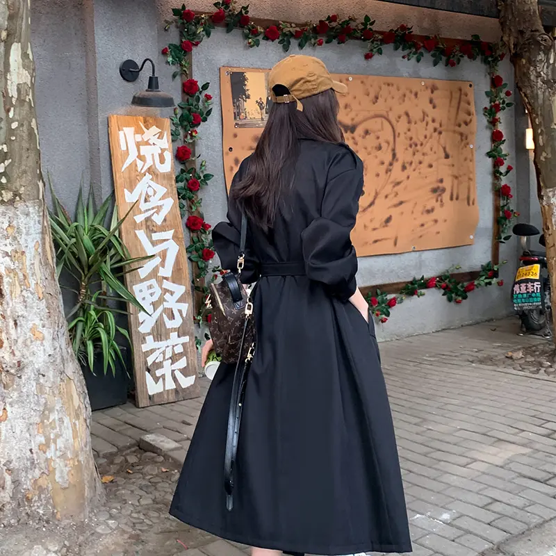 LANMREM Black Elegant High-End Trench Coat For Women Bandage Cardigan Over-Knee Windbreaker Korean Chic Famale Clothing 2DB3801