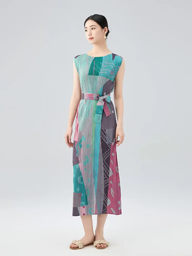 LANMREM Summer Sleeveless Printting Pleated Dress For Women 2025 New Loose Causal Straight Dresses With Belt Chic Cloth 2DB2851