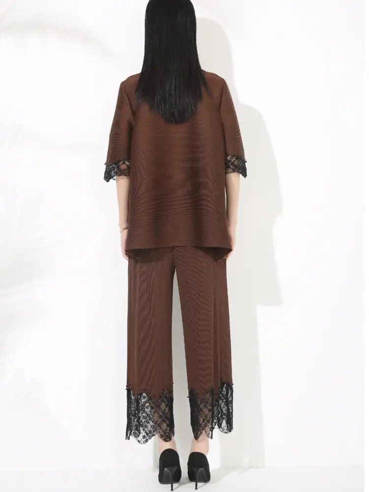 LANMREM Chic Splicing Pleated Women's Two Pieces Set Temperament Laple Single Breasted Half Sleeve Shirt And Straight Leg Pants