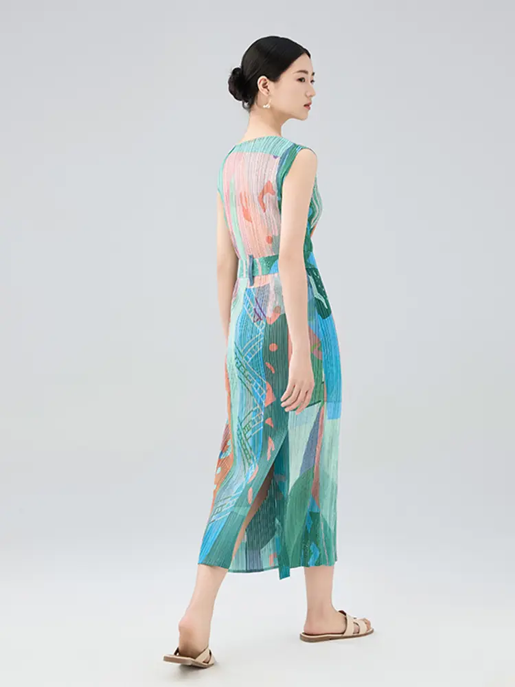 LANMREM Summer Sleeveless Printting Pleated Dress For Women 2025 New Loose Causal Straight Dresses With Belt Chic Cloth 2DB2851