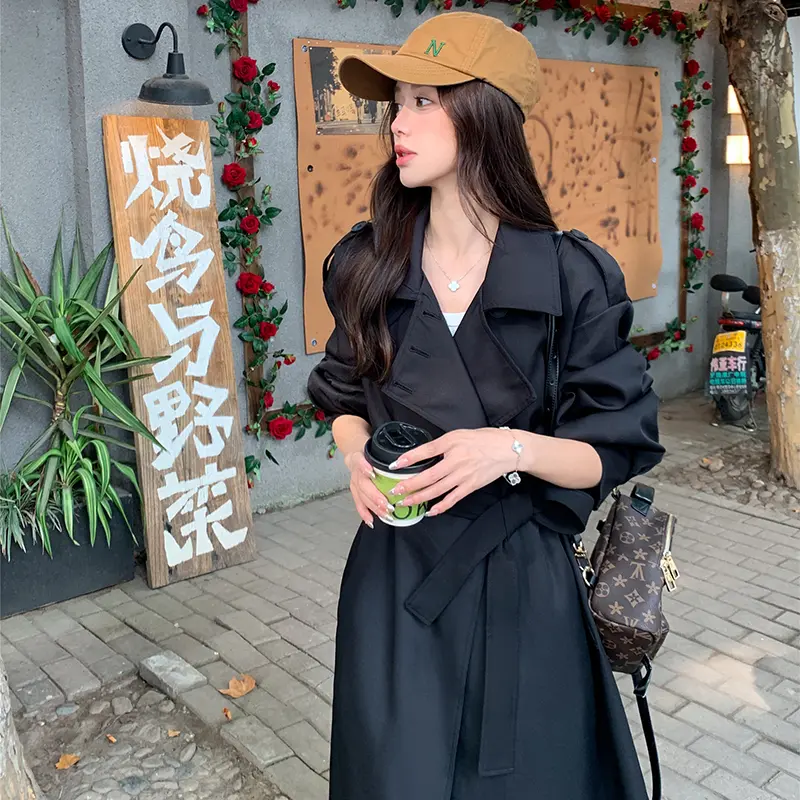 LANMREM Black Elegant High-End Trench Coat For Women Bandage Cardigan Over-Knee Windbreaker Korean Chic Famale Clothing 2DB3801