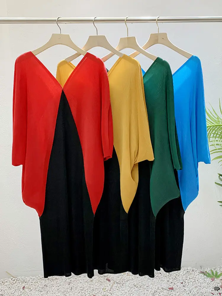 LANMREM Stitching Contrast Color Pleated Dress V Neck Batwing Sleeve Elegant Dresses For Women 2025 New Spring Clothing 2Q1196