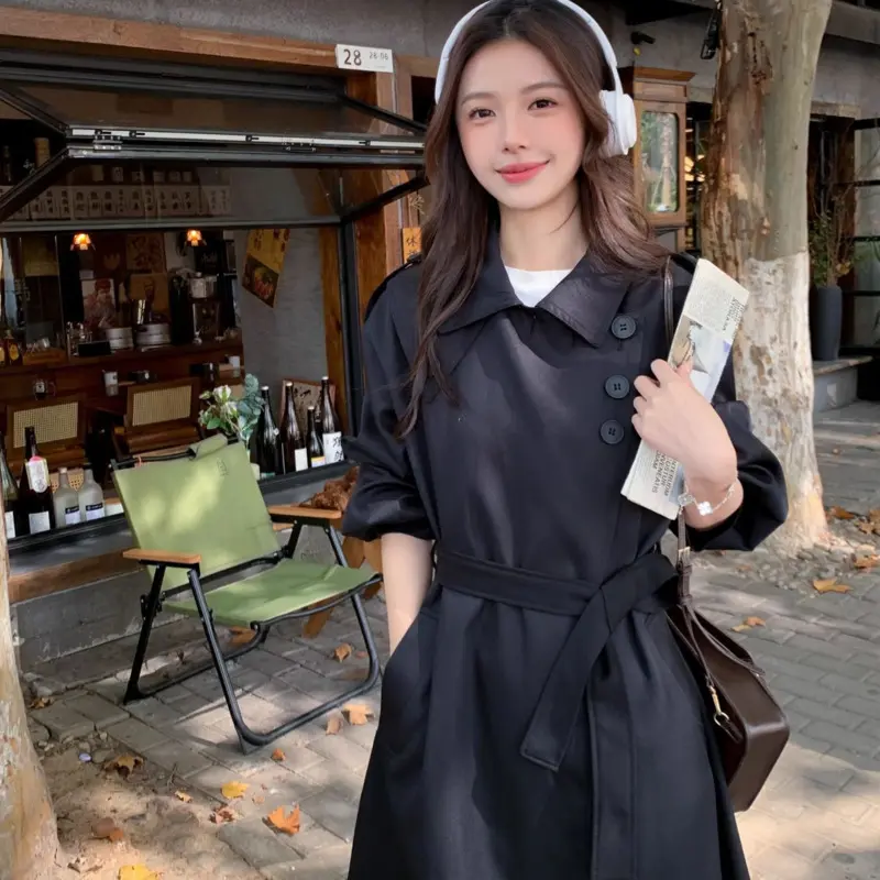 LANMREM Black Elegant High-End Trench Coat For Women Bandage Cardigan Over-Knee Windbreaker Korean Chic Famale Clothing 2DB3801