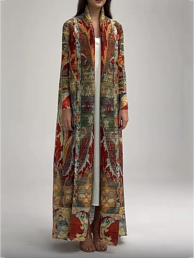 LANMREM Long Robe 2025 Spring New Printed Windbreaker Women's Fashion Pleated Trench Coat Loose Style Retro Clothing 2DA7001