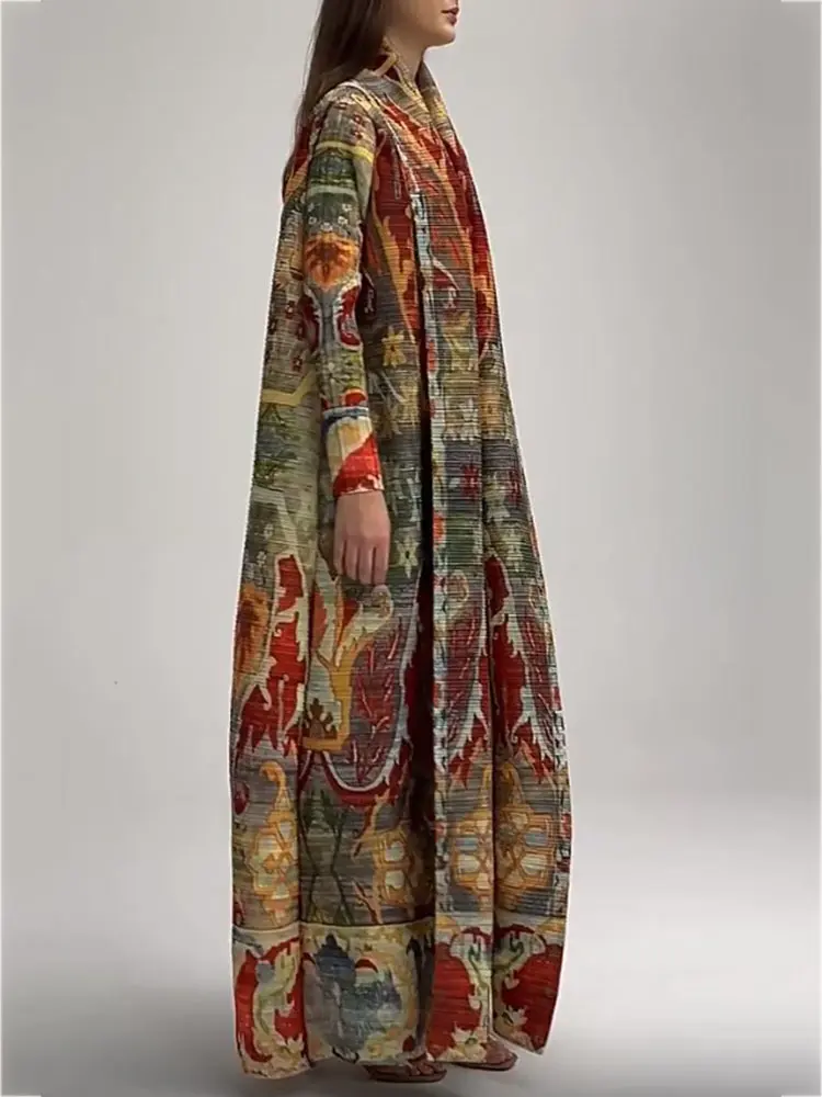 LANMREM Long Robe 2025 Spring New Printed Windbreaker Women's Fashion Pleated Trench Coat Loose Style Retro Clothing 2DA7001