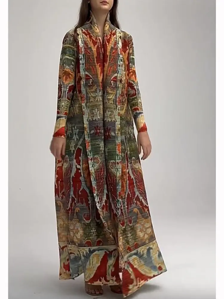 LANMREM Long Robe 2025 Spring New Printed Windbreaker Women's Fashion Pleated Trench Coat Loose Style Retro Clothing 2DA7001