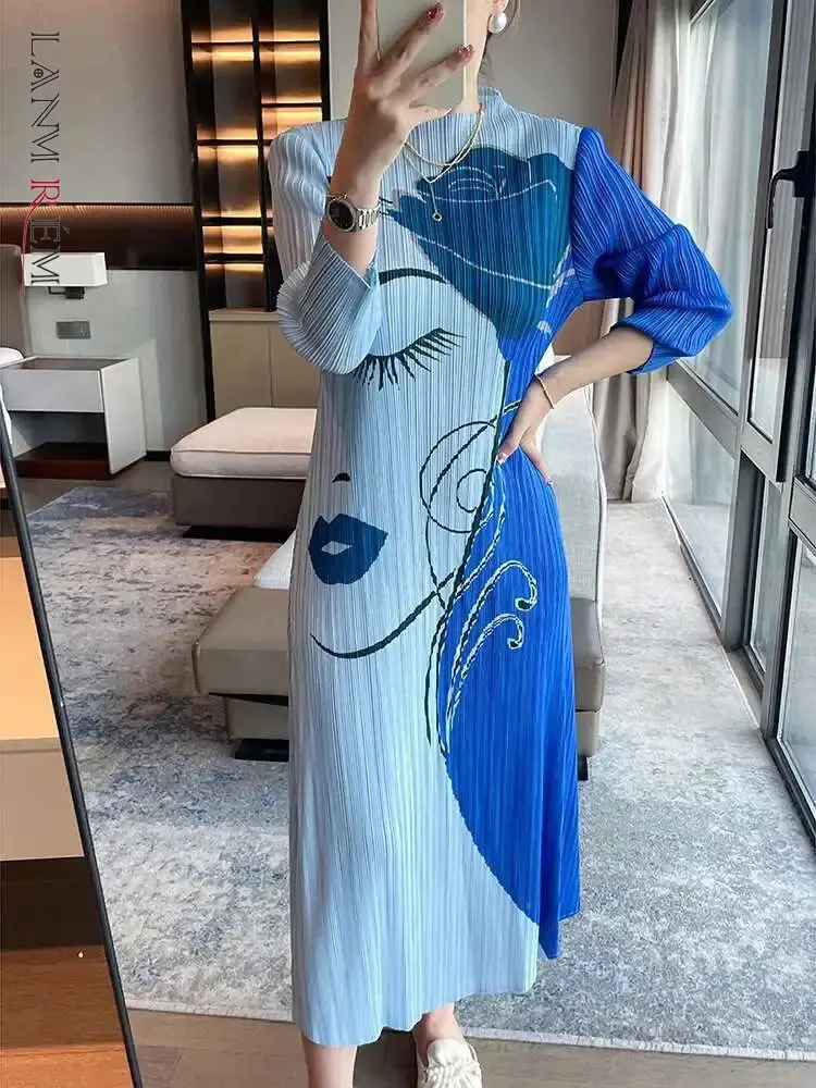 LANMREM Designer French Print Pleated Dress Women's Round Neck Casual All-match Long Dresses Female Fashion 2025 Spring 2DE385