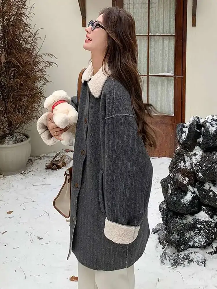 LANMREM Korean Style Winter Lamb Fur Coat For Women Lapel Mid Length Warm Thick Clothing Fashion Female New Jackets 2VV2058