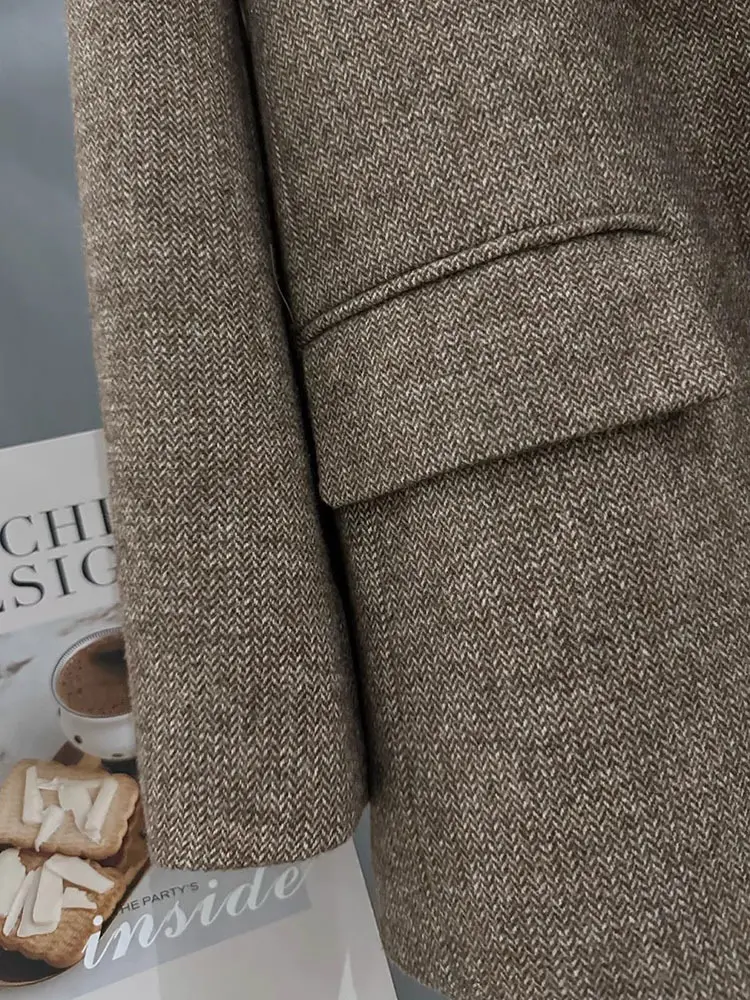 LANMREM Retro Woolen Suit Jacket Women Long Sleeves Singel Breasted Brown Color Pocket Chic Blazers Office Lady Clothing 2DB2124