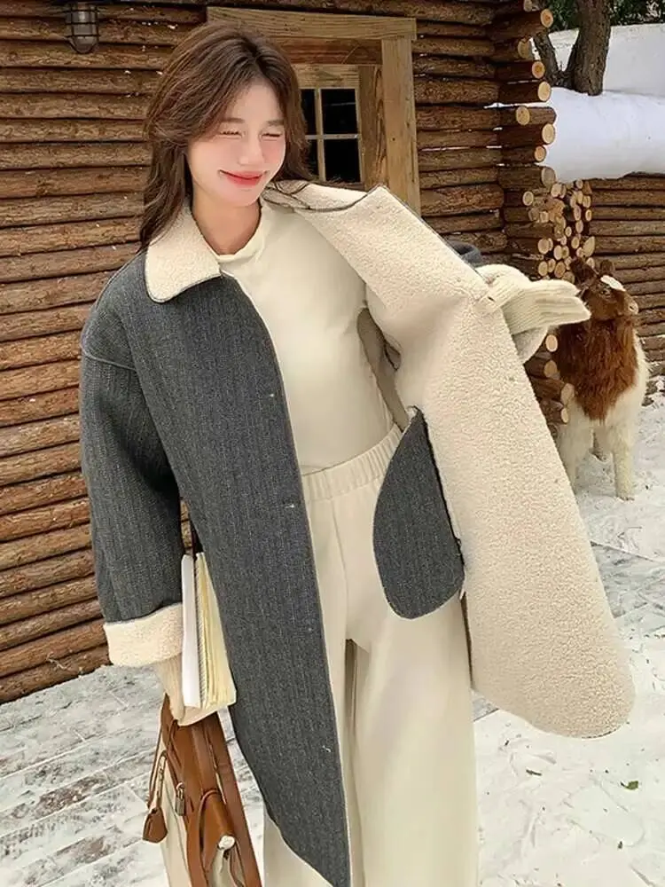 LANMREM Korean Style Winter Lamb Fur Coat For Women Lapel Mid Length Warm Thick Clothing Fashion Female New Jackets 2VV2058