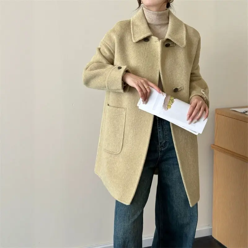 LANMREM Blue Double-faced Woolen Wool Coat Lapel Double-Breasted Long-Sleeve Drop Shoulder Autumn Winter Famale Clothing 2DB4110