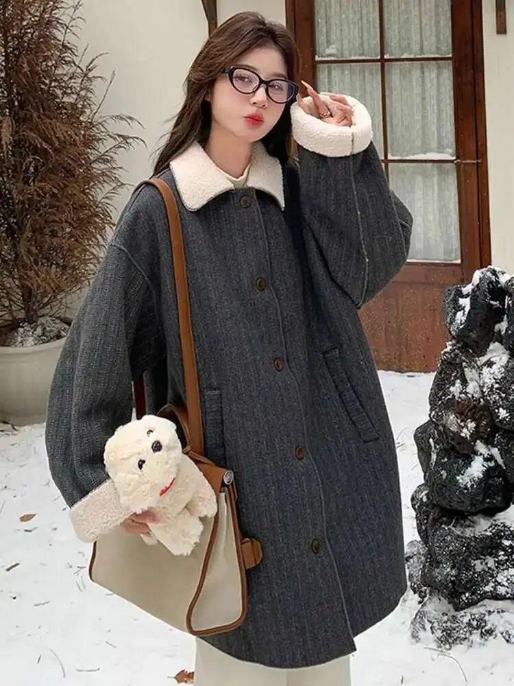 LANMREM Korean Style Winter Lamb Fur Coat For Women Lapel Mid Length Warm Thick Clothing Fashion Female New Jackets 2VV2058