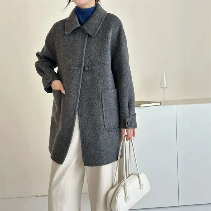 LANMREM Blue Double-faced Woolen Wool Coat Lapel Double-Breasted Long-Sleeve Drop Shoulder Autumn Winter Famale Clothing 2DB4110