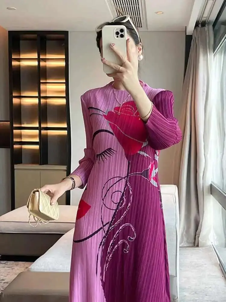 LANMREM Designer French Print Pleated Dress Women's Round Neck Casual All-match Long Dresses Female Fashion 2025 Spring 2DE385