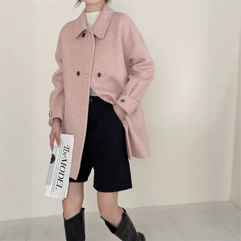 LANMREM Blue Double-faced Woolen Wool Coat Lapel Double-Breasted Long-Sleeve Drop Shoulder Autumn Winter Famale Clothing 2DB4110