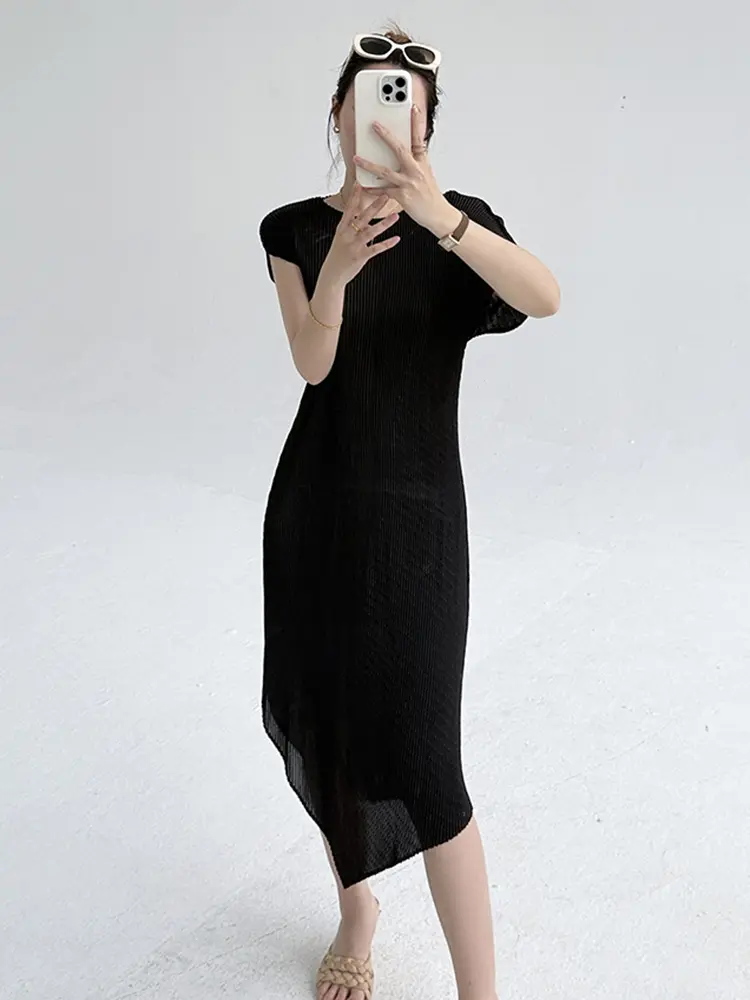LANMREM 2025 Summer New High-End Design Blue Women's Pleated Dress Elegant Temperament Irregular Mid-Length Dreses Chic 2DB3587