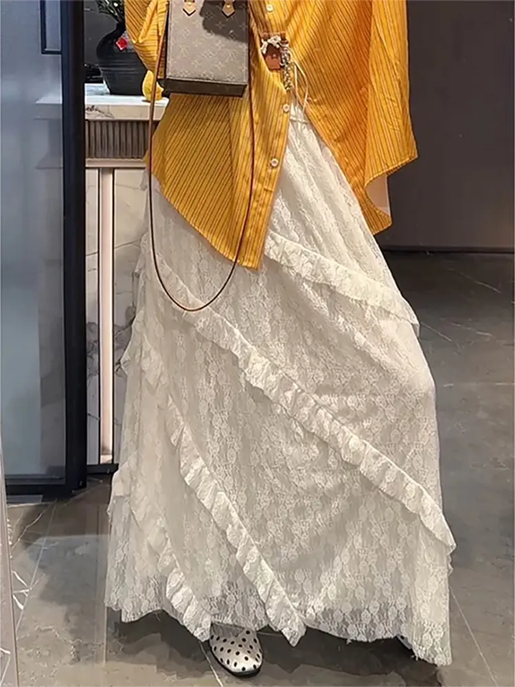 LANMREM Irregular Wooden Ear Edge Twill Lace Splicing Skirts Women 2025 Spring Summer New French Elegant Mid-length Skirt 2DE473