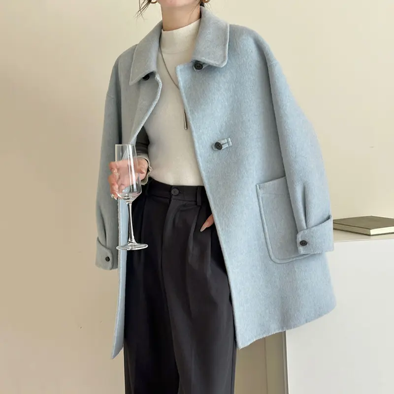 LANMREM Blue Double-faced Woolen Wool Coat Lapel Double-Breasted Long-Sleeve Drop Shoulder Autumn Winter Famale Clothing 2DB4110