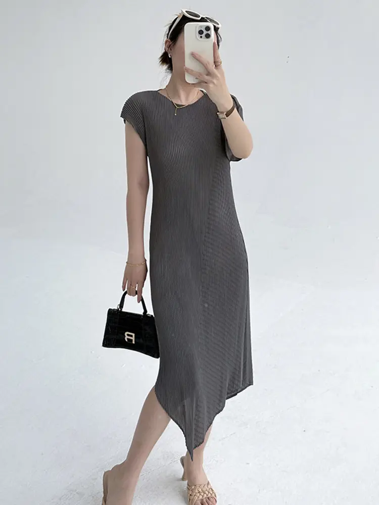 LANMREM 2025 Summer New High-End Design Blue Women's Pleated Dress Elegant Temperament Irregular Mid-Length Dreses Chic 2DB3587