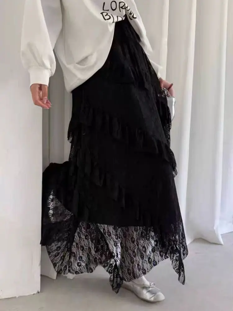 LANMREM Irregular Wooden Ear Edge Twill Lace Splicing Skirts Women 2025 Spring Summer New French Elegant Mid-length Skirt 2DE473