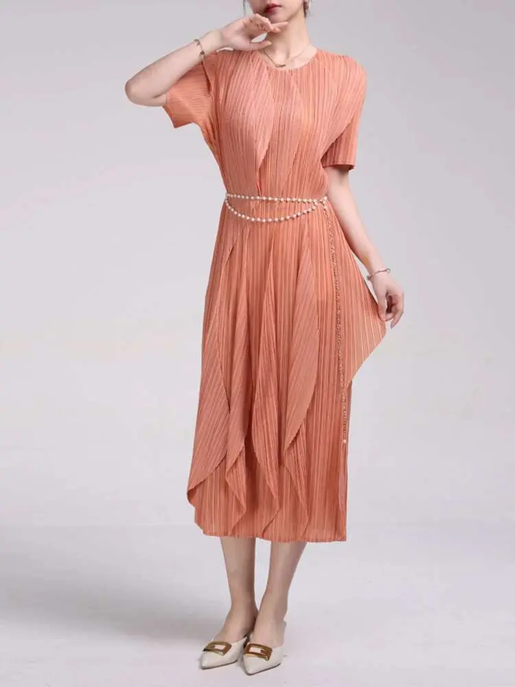LANMREM Pleated Dress Women High End Round Neck Short Sleeves Ruffle Edge Dresses Lady Fashion Evening Party Clothes 2DC1422