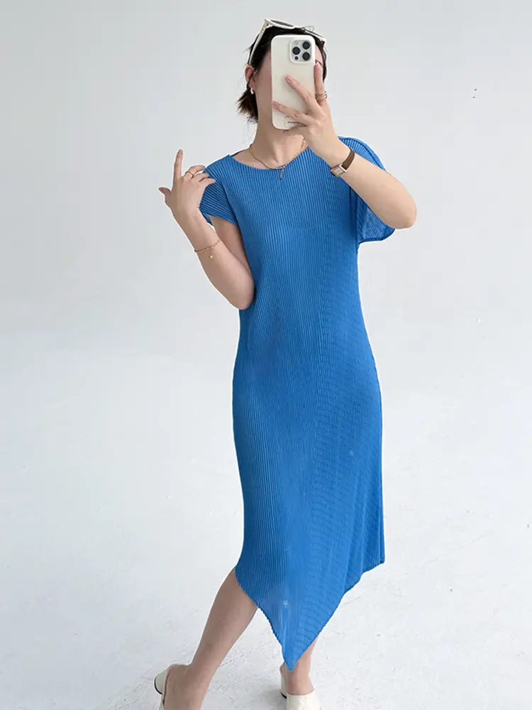 LANMREM 2025 Summer New High-End Design Blue Women's Pleated Dress Elegant Temperament Irregular Mid-Length Dreses Chic 2DB3587
