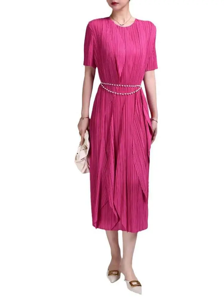 LANMREM Pleated Dress Women High End Round Neck Short Sleeves Ruffle Edge Dresses Lady Fashion Evening Party Clothes 2DC1422