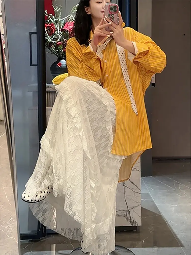 LANMREM Irregular Wooden Ear Edge Twill Lace Splicing Skirts Women 2025 Spring Summer New French Elegant Mid-length Skirt 2DE473