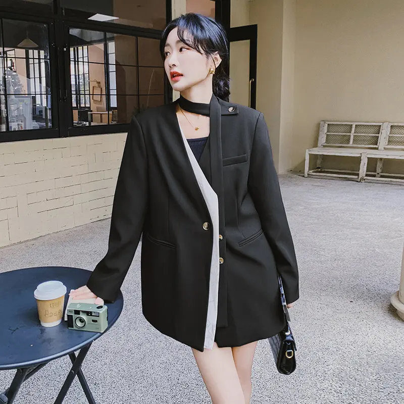 LANMREM Coffee Colorblock Ribbon Fake Two Piece Women's Suit Coat Korean Chic New Splicing Design Single Breasted Blazer 2DB3711