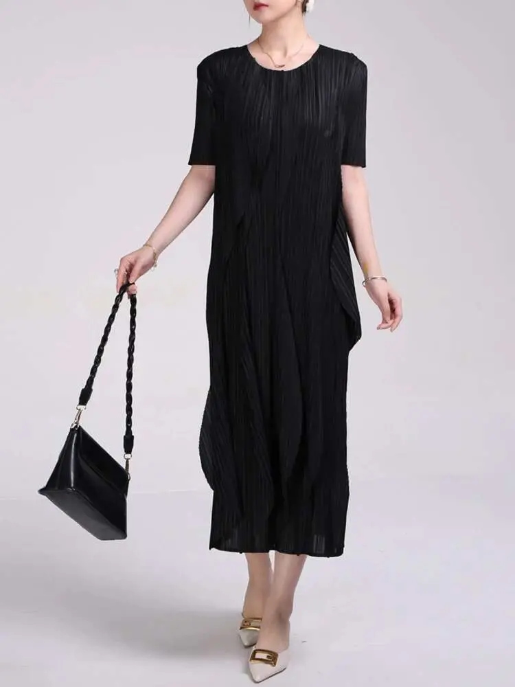 LANMREM Pleated Dress Women High End Round Neck Short Sleeves Ruffle Edge Dresses Lady Fashion Evening Party Clothes 2DC1422