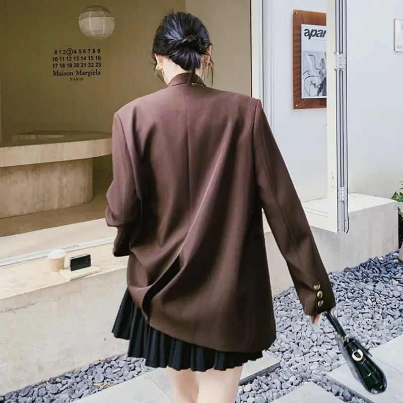 LANMREM Coffee Colorblock Ribbon Fake Two Piece Women's Suit Coat Korean Chic New Splicing Design Single Breasted Blazer 2DB3711