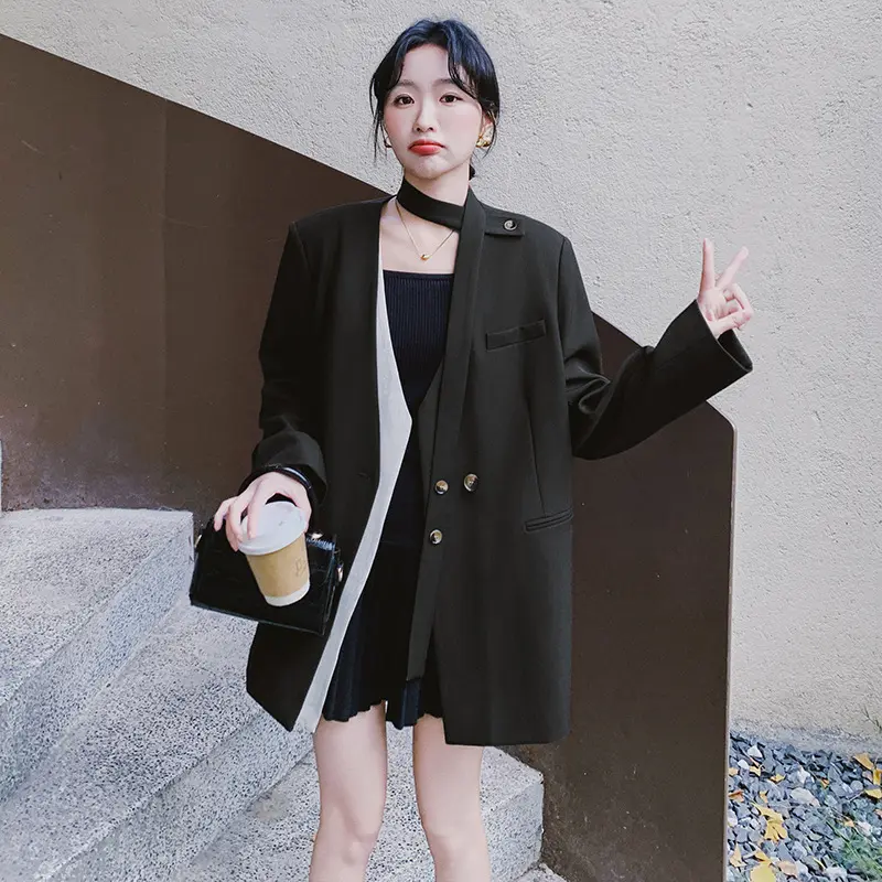 LANMREM Coffee Colorblock Ribbon Fake Two Piece Women's Suit Coat Korean Chic New Splicing Design Single Breasted Blazer 2DB3711