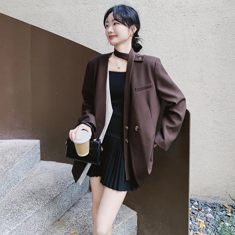 LANMREM Coffee Colorblock Ribbon Fake Two Piece Women's Suit Coat Korean Chic New Splicing Design Single Breasted Blazer 2DB3711
