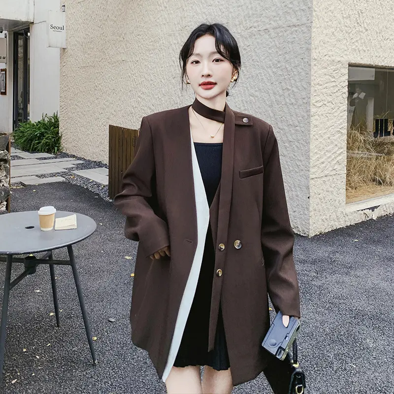 LANMREM Coffee Colorblock Ribbon Fake Two Piece Women's Suit Coat Korean Chic New Splicing Design Single Breasted Blazer 2DB3711