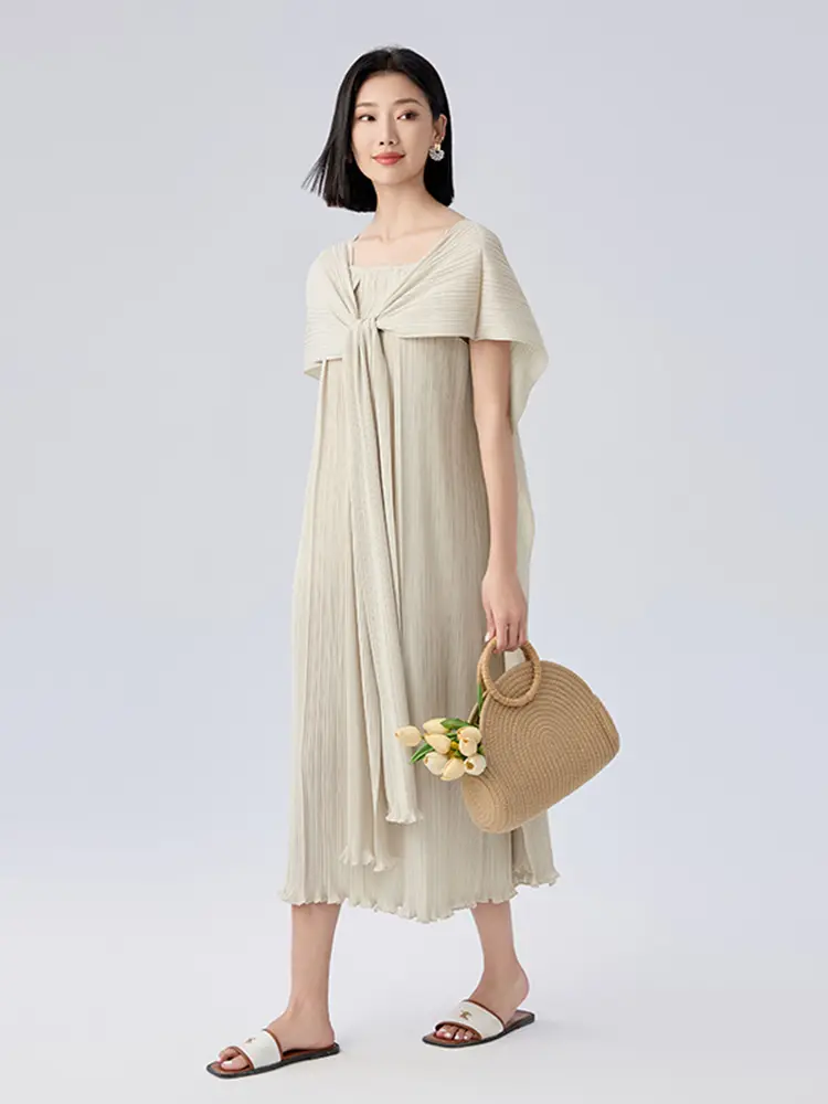 LANMREM Niche Design Stringy Selvedge Hem Cape Style Pleated Dress Women 2025 New Loose Square Collar Straight Dresses 2DB2828