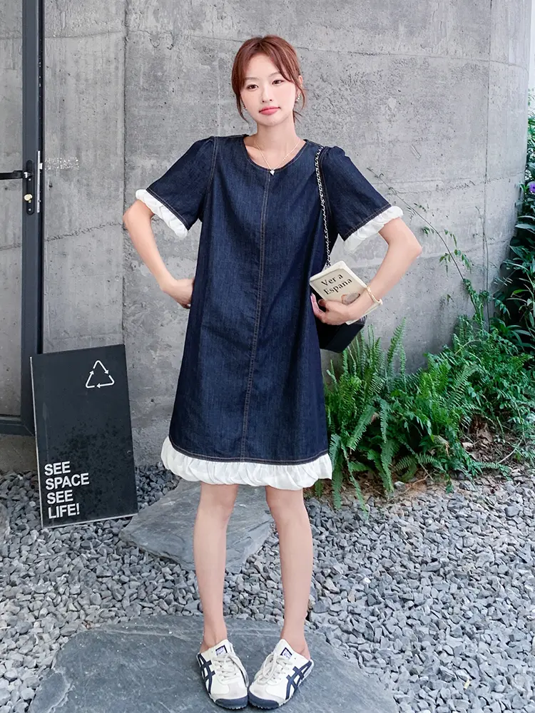 LANMREM Denim Dress For Women Round Neck Short Sleeves Ruffles Hem Patchwork Loose Casual Short Dresses Summer New 2DM1035