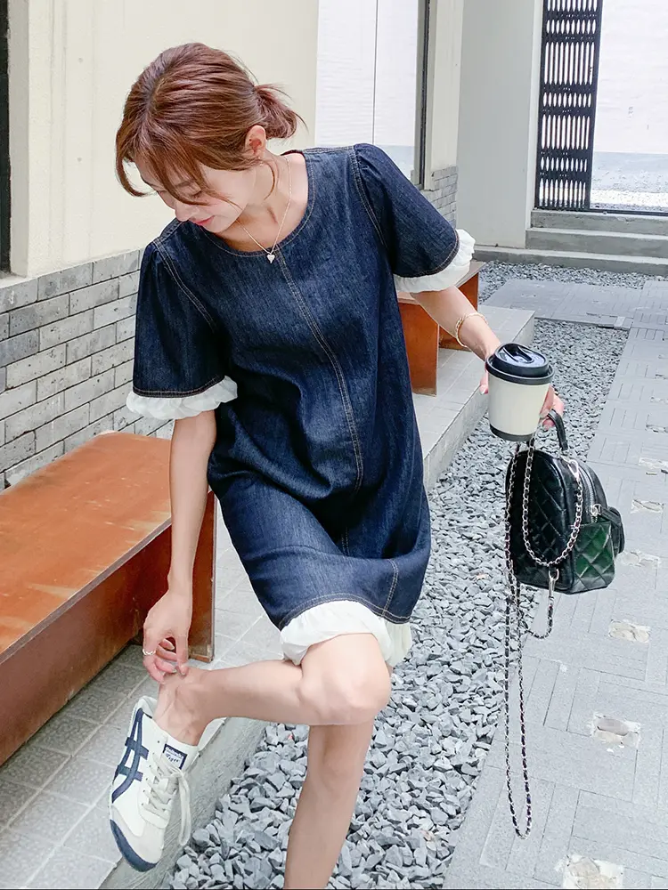 LANMREM Denim Dress For Women Round Neck Short Sleeves Ruffles Hem Patchwork Loose Casual Short Dresses Summer New 2DM1035