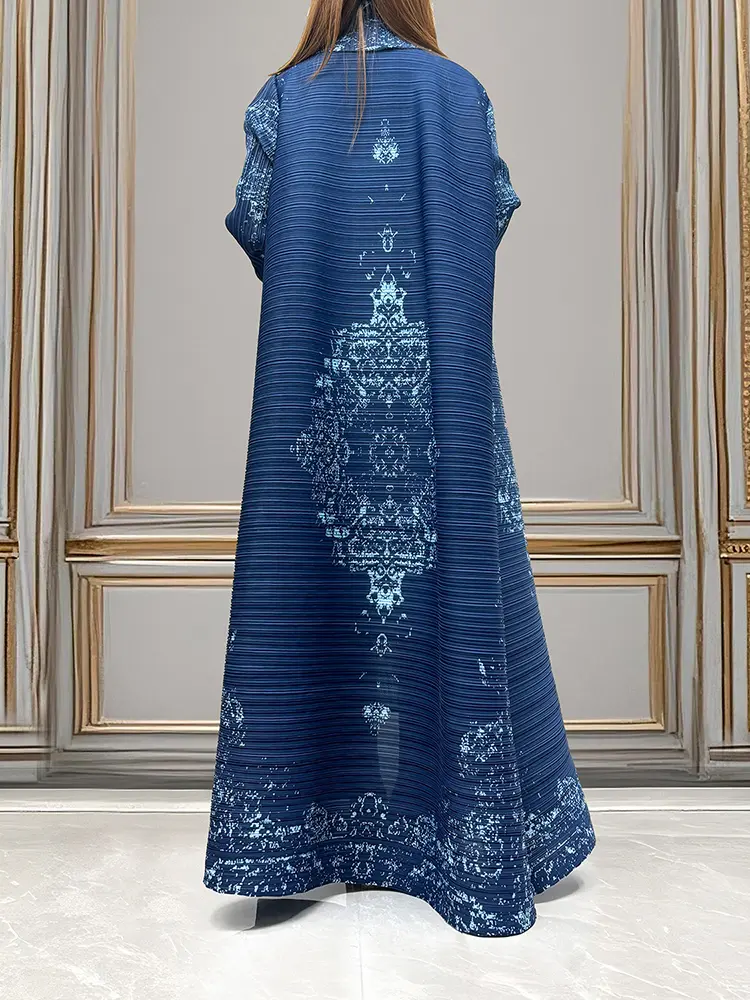 LANMREM Blue Printting Women's Lightweight Robe Fashion Lapel Loose Bandage Cardigan Design Chic Long Trench Coat 2025 2DB3561