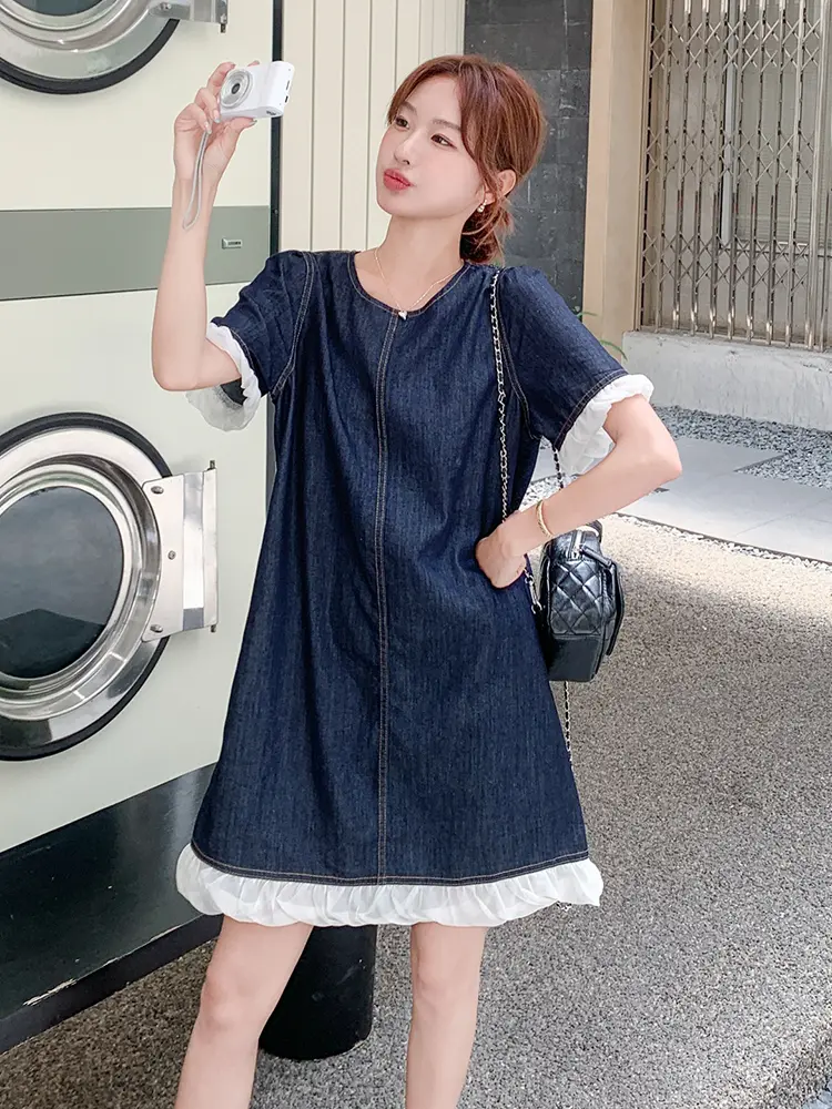 LANMREM Denim Dress For Women Round Neck Short Sleeves Ruffles Hem Patchwork Loose Casual Short Dresses Summer New 2DM1035